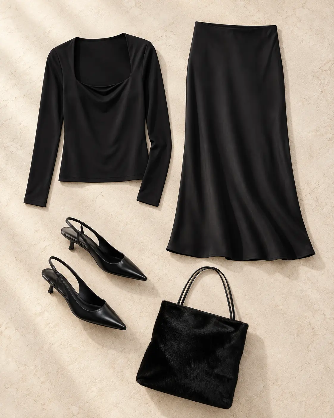 The all-black dinner look editorial outfit flat lay
