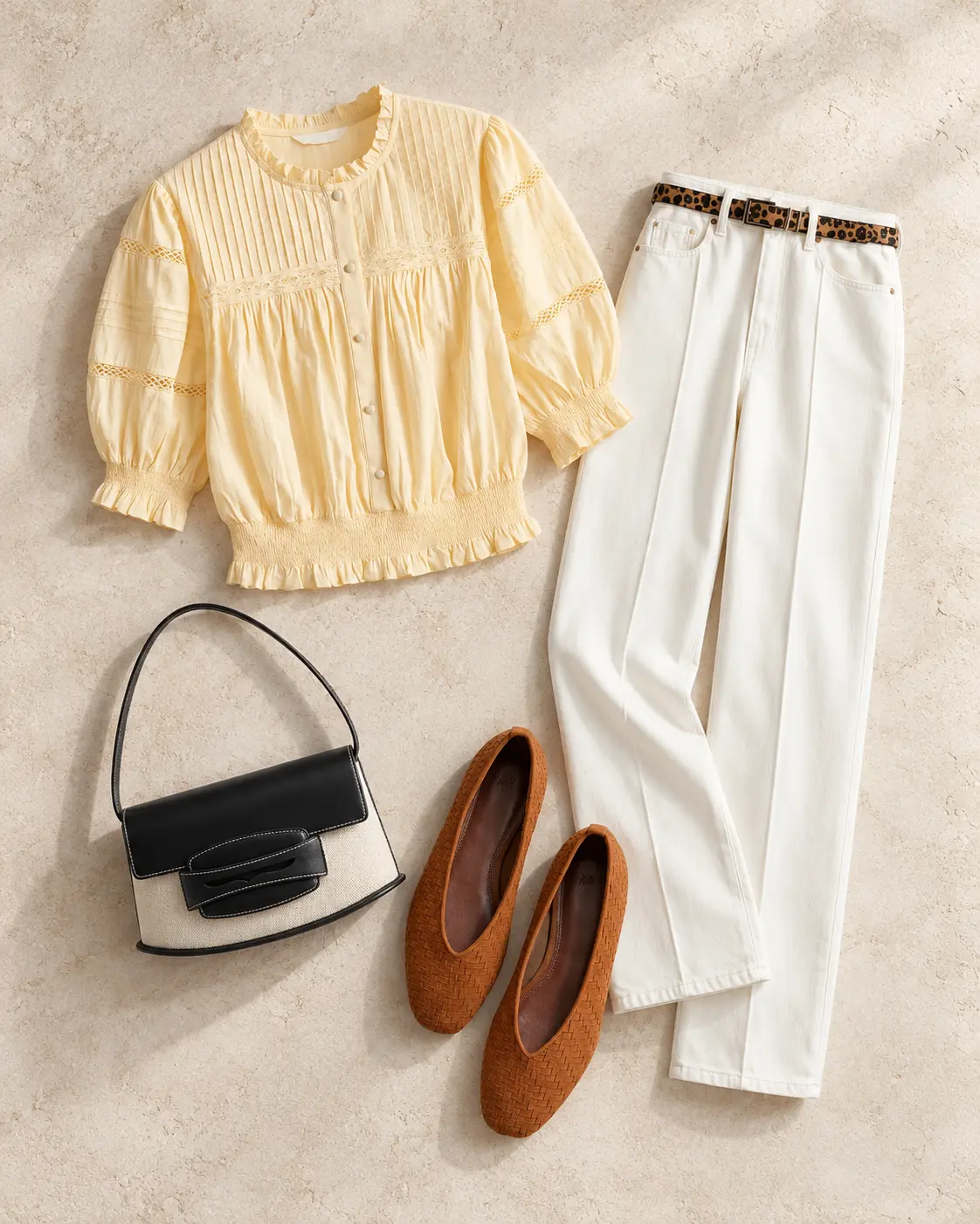 Soft brunch separates editorial outfit flat lay