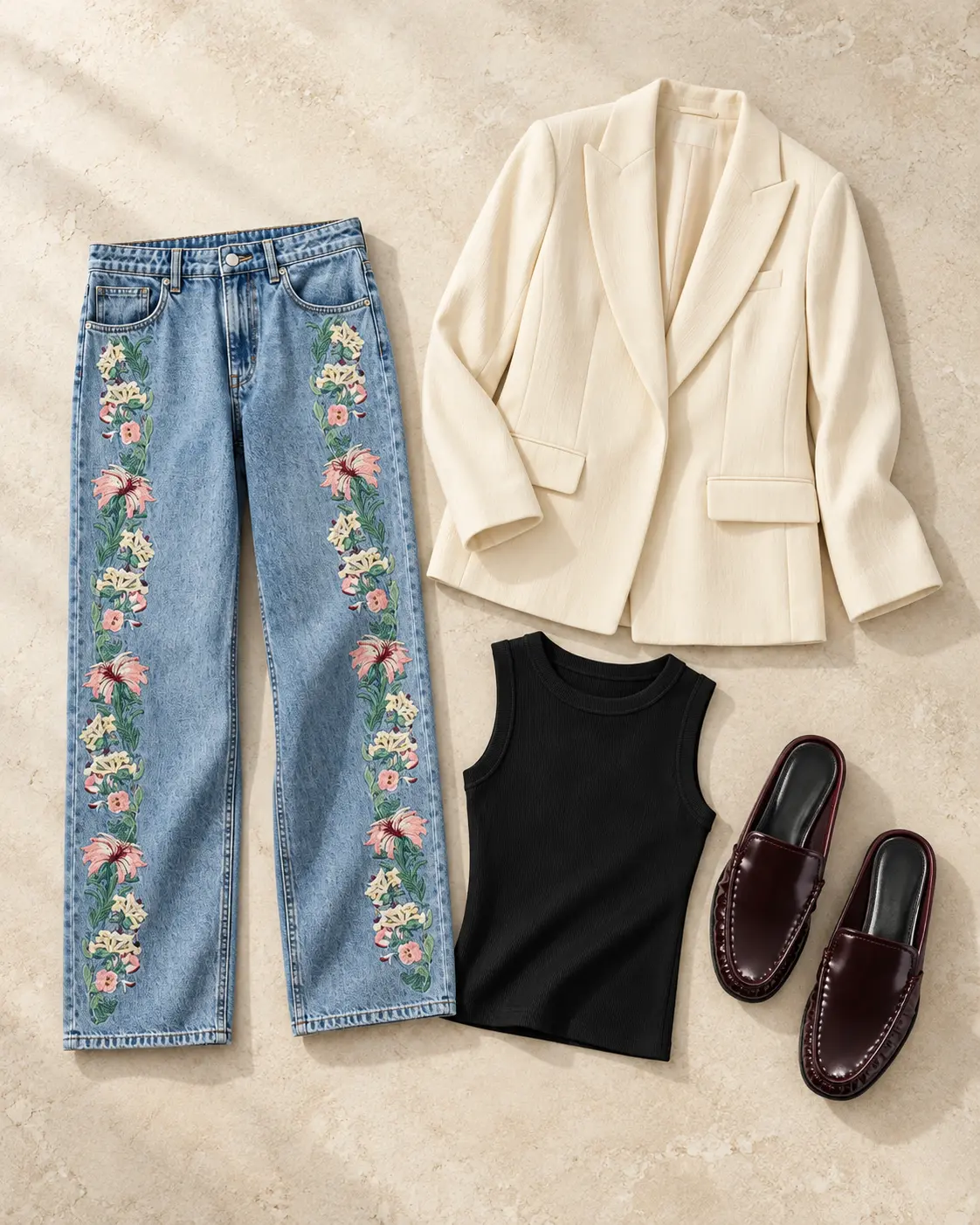 Denim, upgraded editorial outfit flat lay