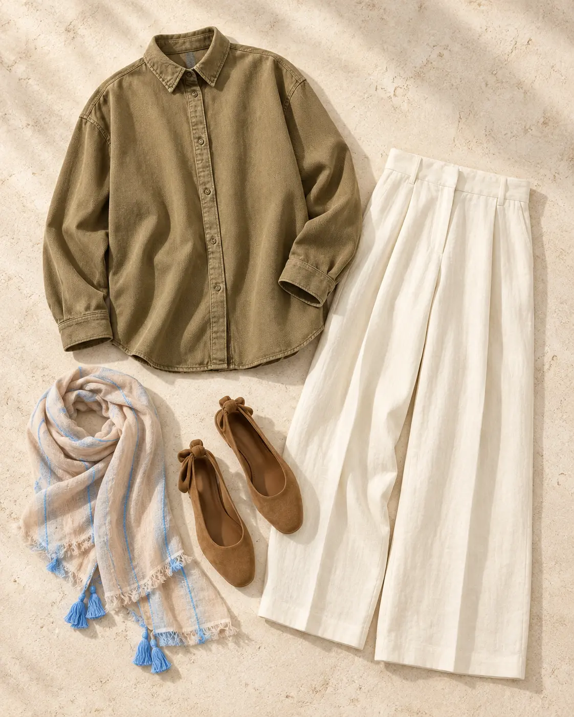 Light layers for warm weather editorial outfit flat lay