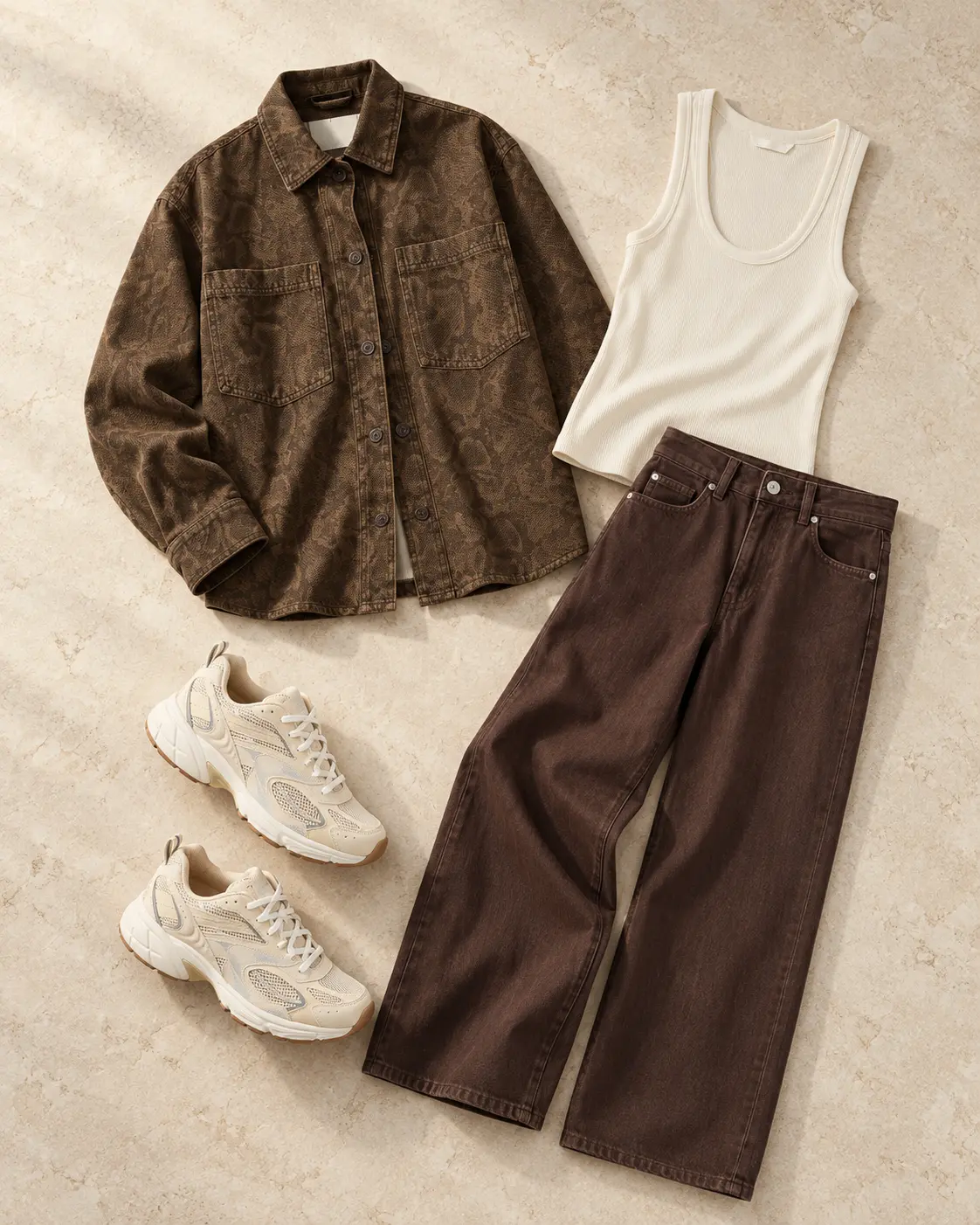 Relaxed neutral weekend editorial outfit flat lay
