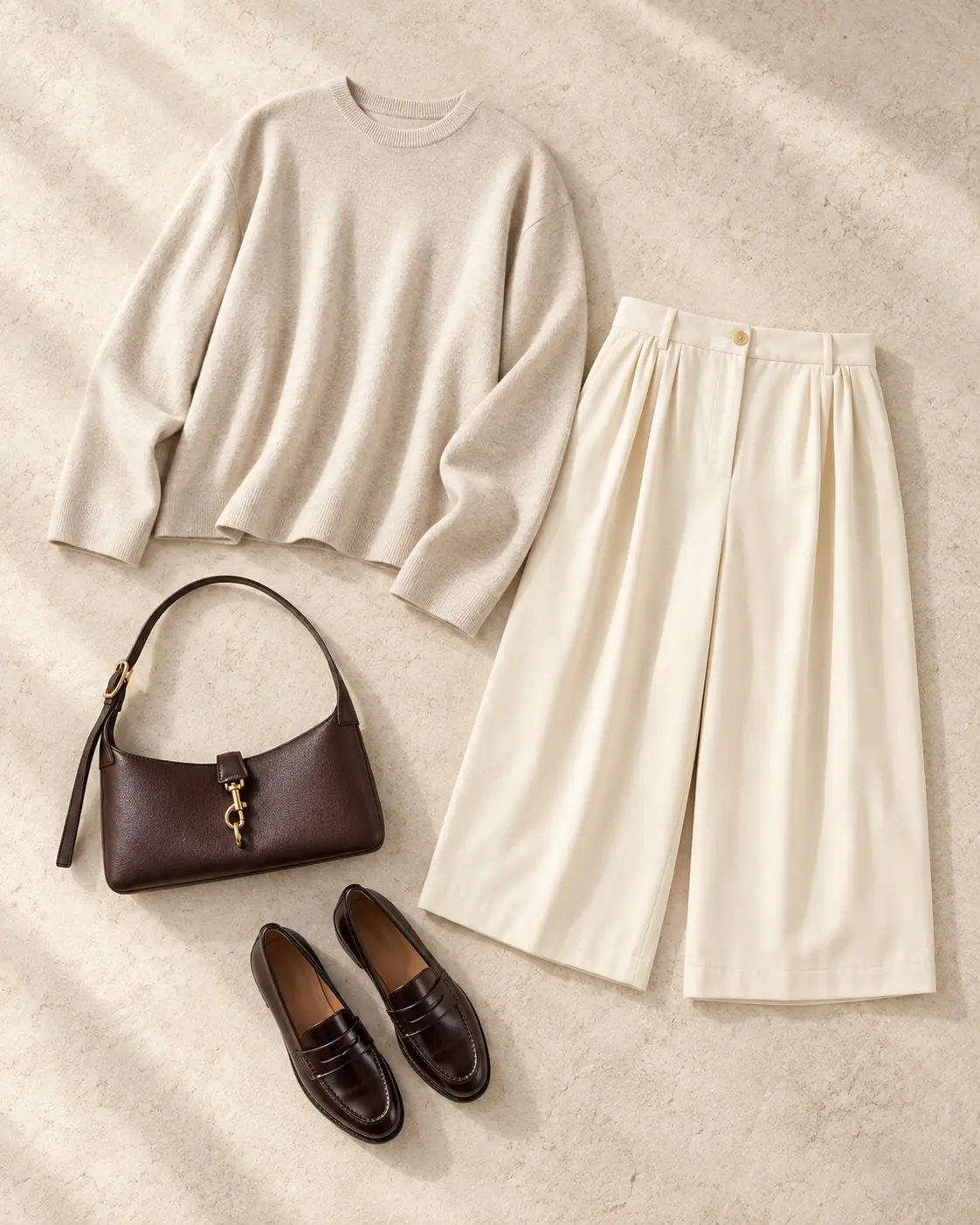 Quiet luxury, made repeatable editorial outfit flat lay